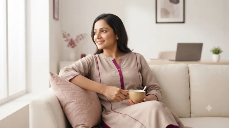 Woman resting on a sofa with herbal tea