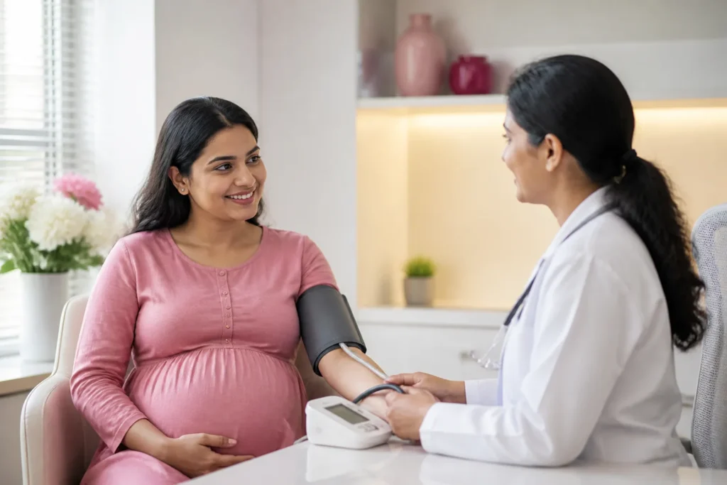 Obstetrician checking a pregnant woman's blood pressure at an antenatal visit