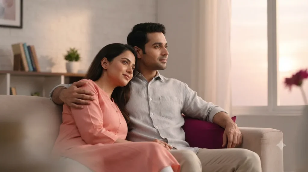 Couple sitting together on a sofa, looking hopeful