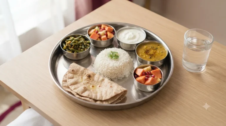 Balanced Indian thali with dal, vegetables, rice, roti and curd
