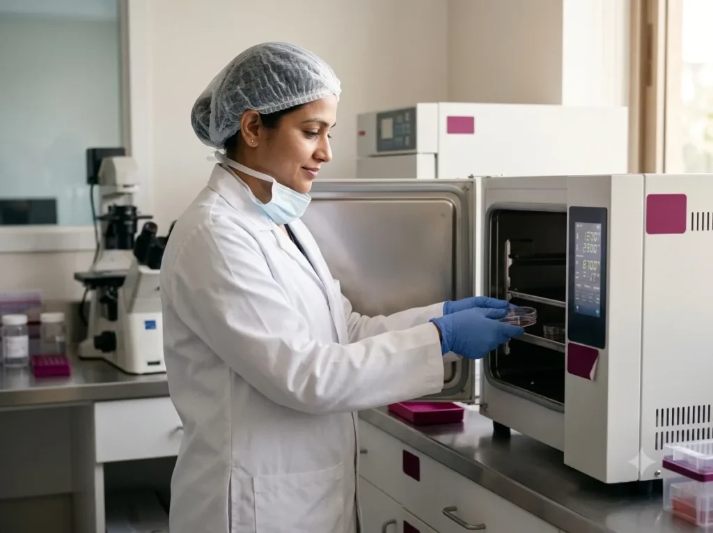 Embryologist placing a culture dish into an embryo incubator