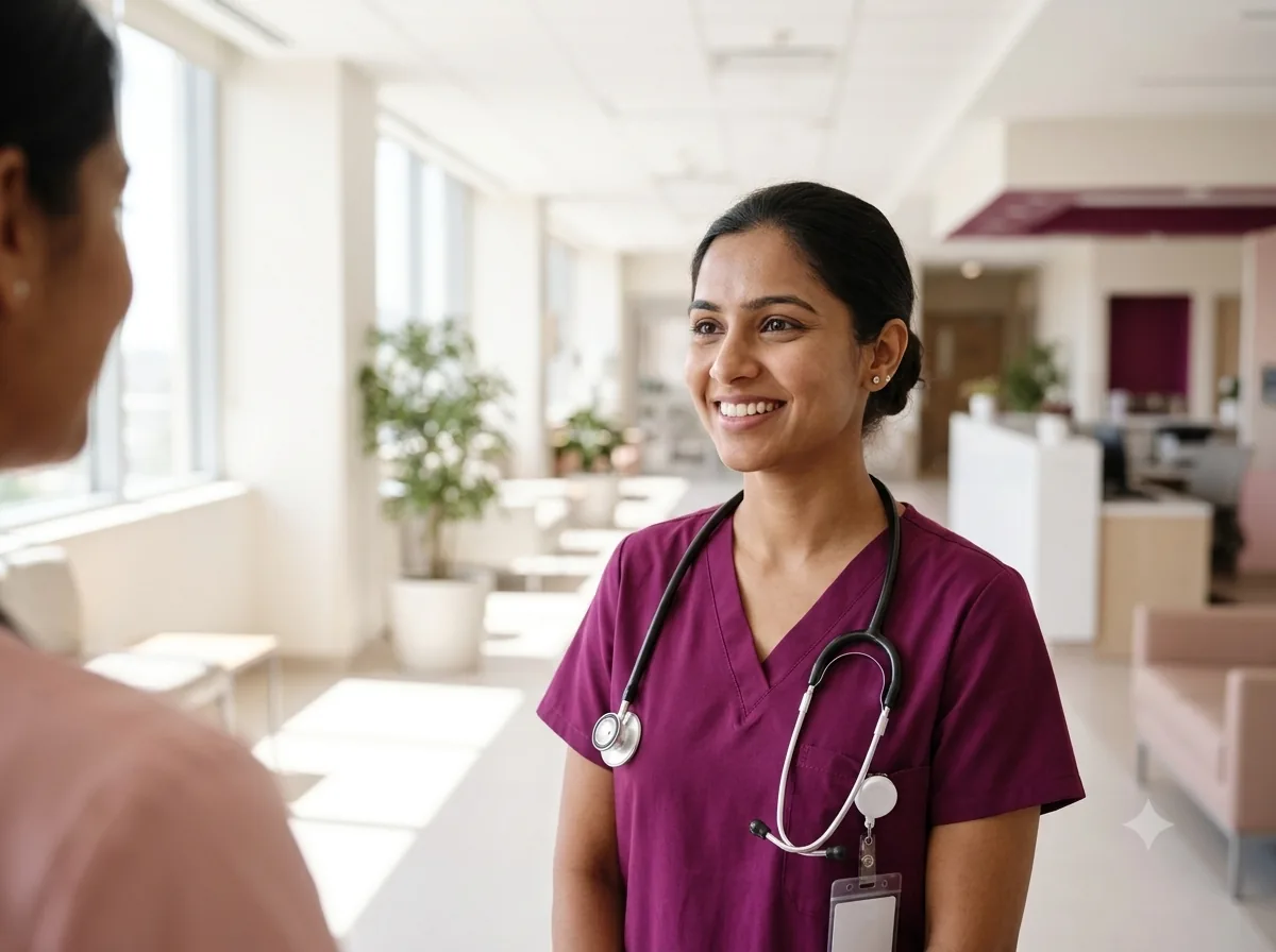 Nurse in plum scrubs smiling in a hospital corridor