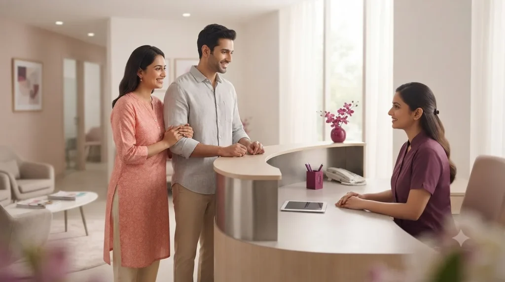 Couple being welcomed at a fertility clinic reception