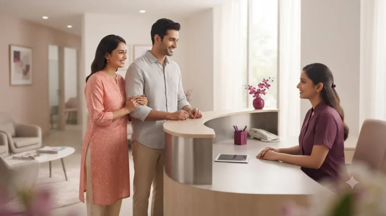 Couple being welcomed at a fertility clinic reception