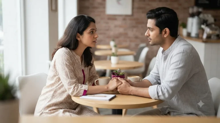 Couple holding hands across a table, talking