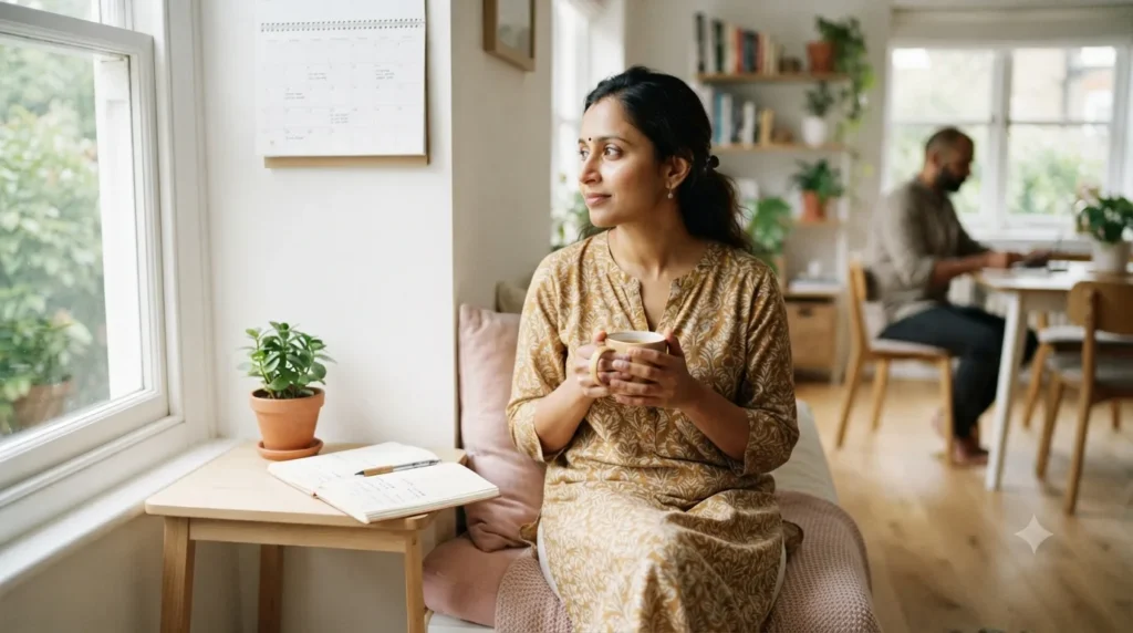 Woman in her thirties reviewing her plans at home with a calendar