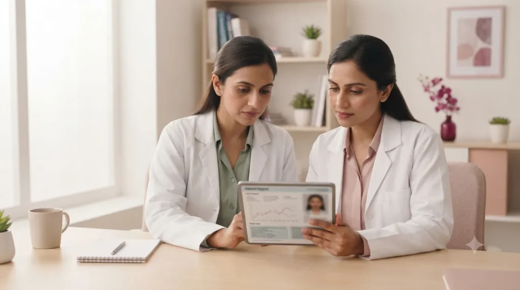 Two doctors reviewing a report on a tablet