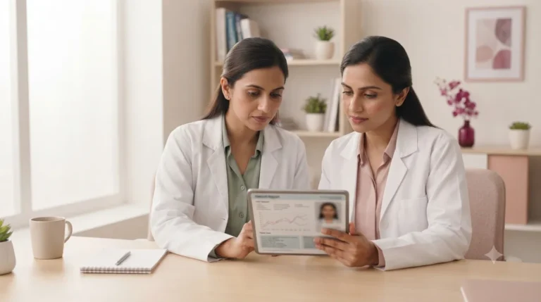 Two doctors reviewing a report on a tablet