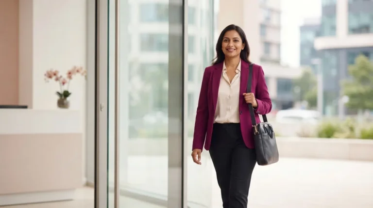 Professional woman walking out of an office building