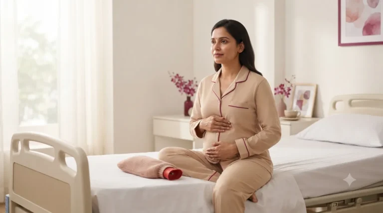 Woman holding her lower abdomen on the edge of her bed