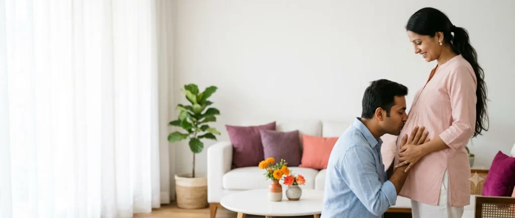 Expectant couple at home – husband kissing his pregnant wife's bump