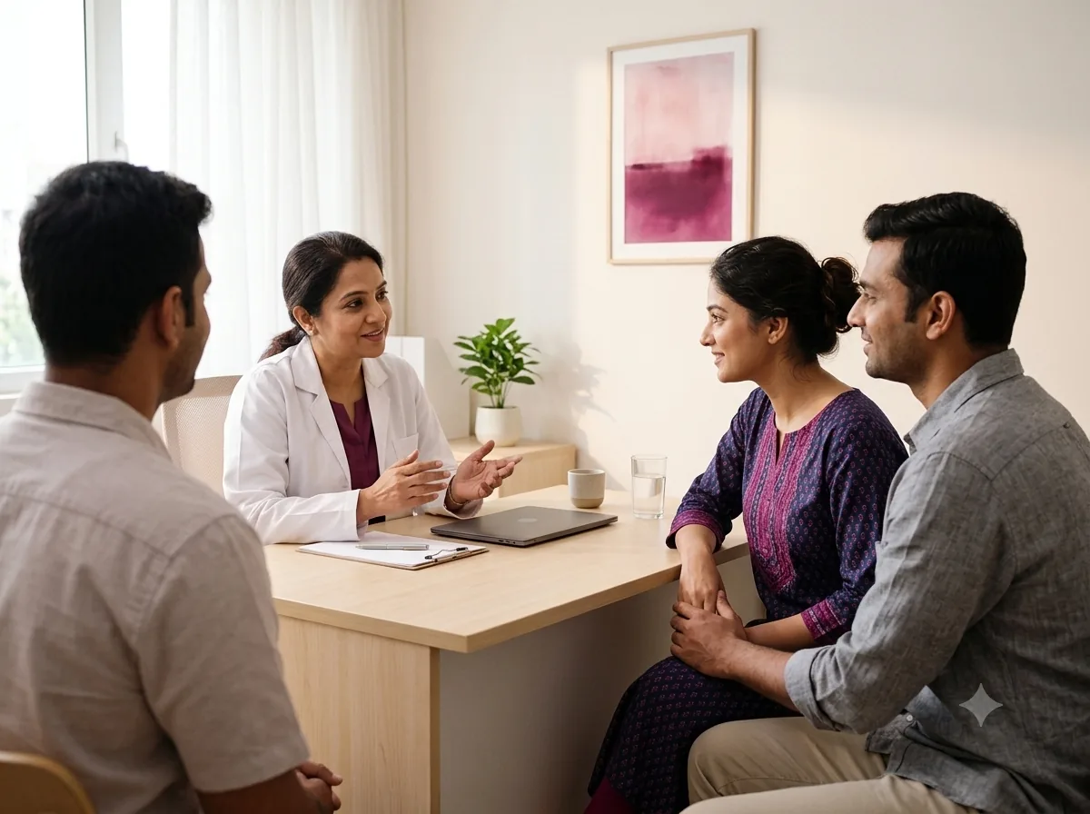 Doctor explaining fertility treatment options to a couple during a consultation