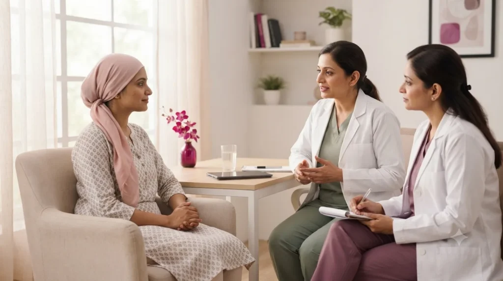 Woman discussing fertility preservation with two doctors