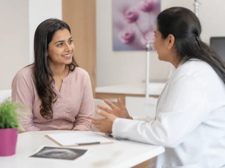 Woman discussing fertility preservation options with a doctor