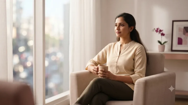 Woman sitting by a window, looking ahead thoughtfully