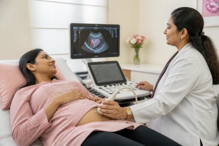 Pregnant woman watching a fetal heart scan