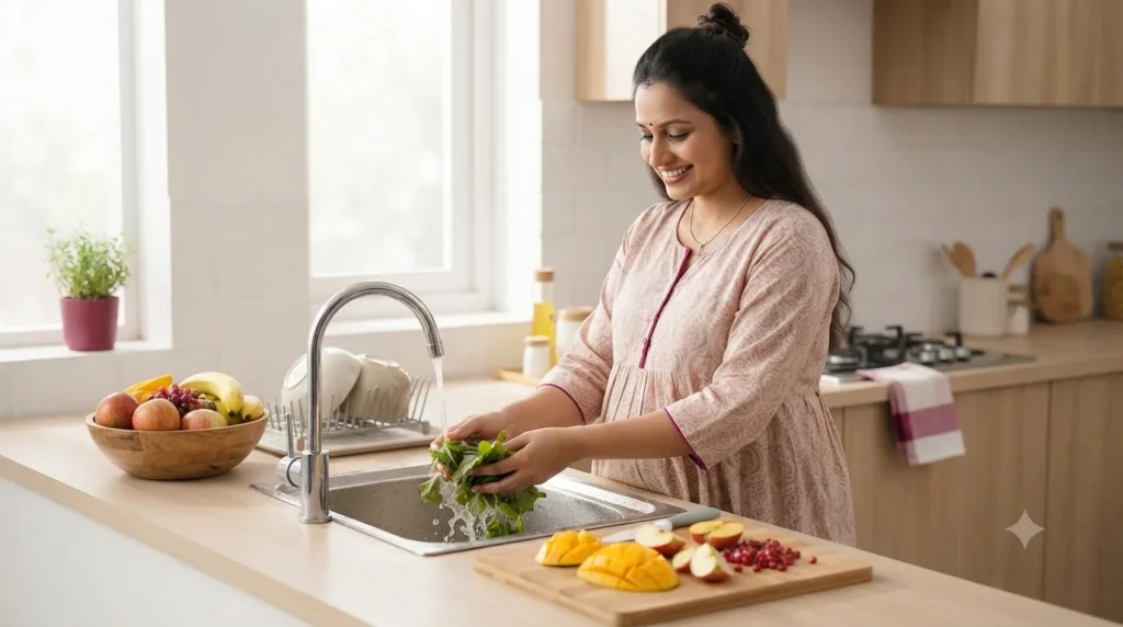 Pregnant woman washing fresh vegetables in the kitchen