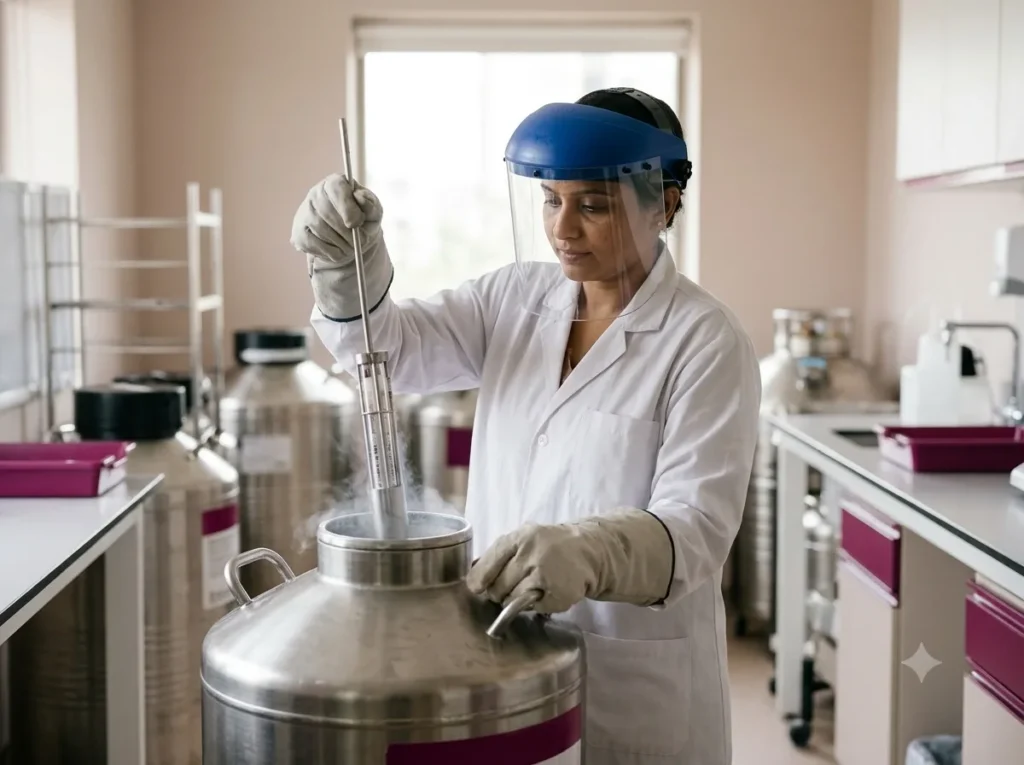 Embryologist lifting cryo straws from a liquid-nitrogen storage tank