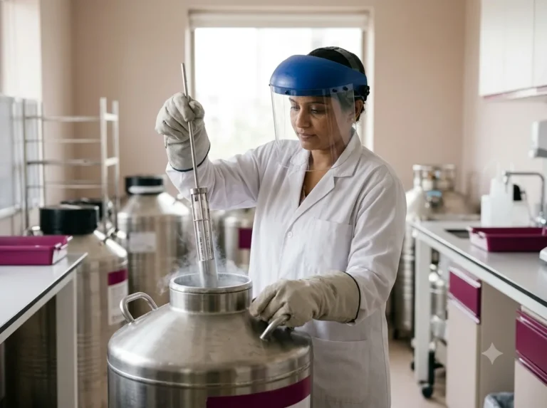 Embryologist lifting cryo straws from a liquid-nitrogen storage tank