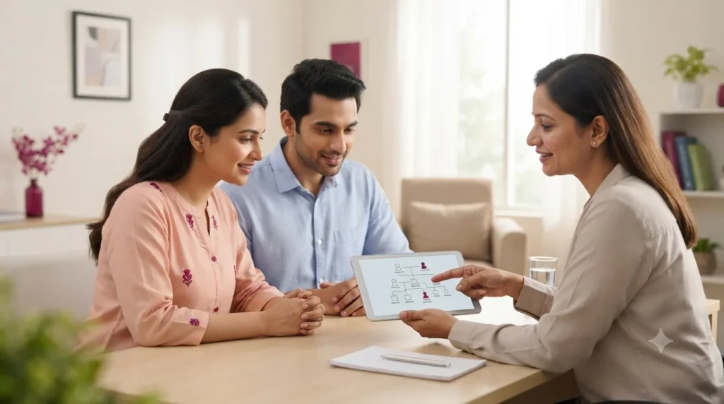 Genetic counsellor showing a couple a family tree on a tablet