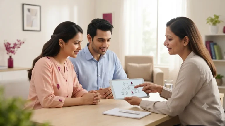 Genetic counsellor showing a couple a family tree on a tablet