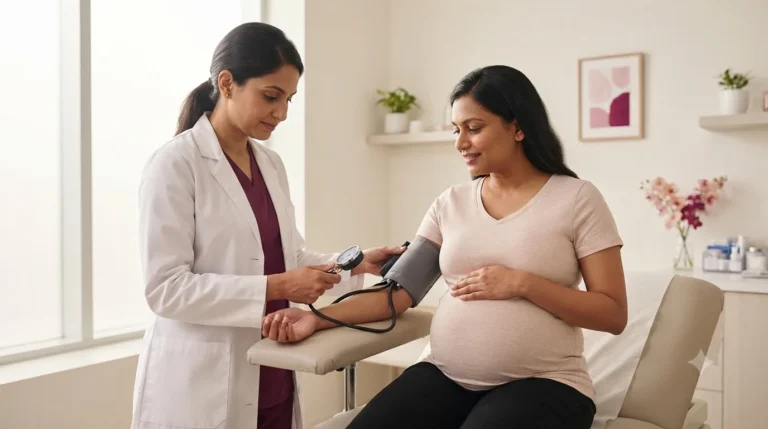 Obstetrician checking a pregnant woman's blood pressure