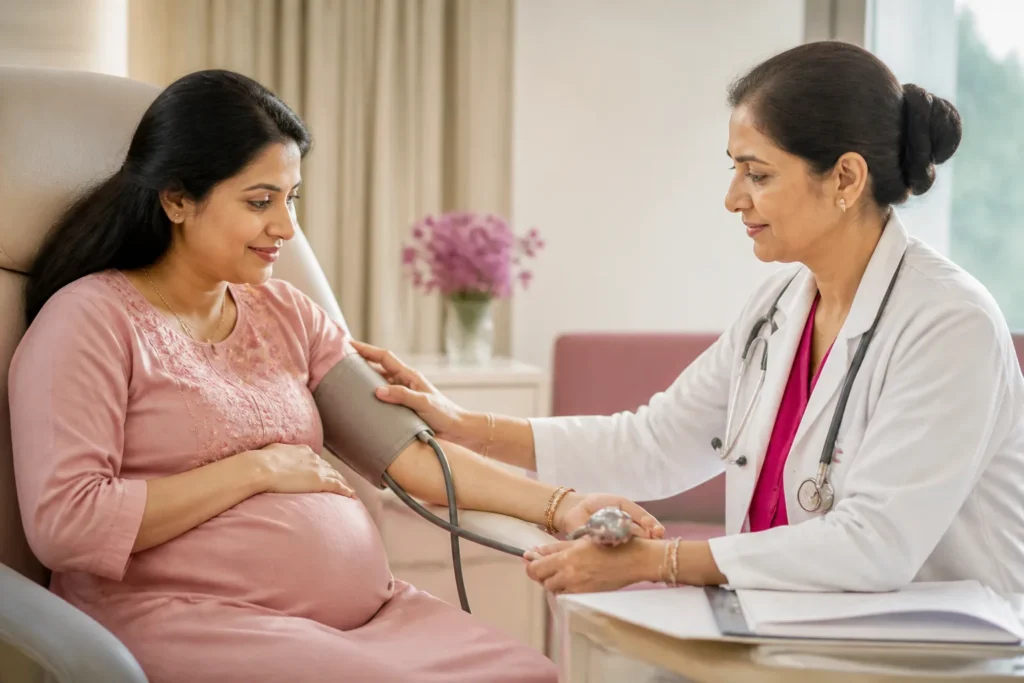 Obstetrician and nurse caring for a pregnant woman