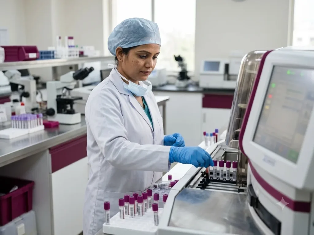 Lab technician loading blood sample tubes into a hormone analyser
