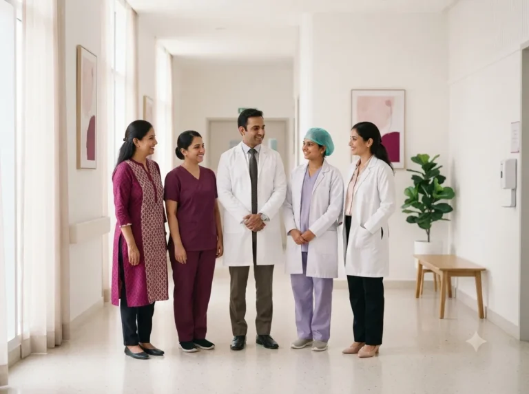Doctors, nurse, embryologist and counsellor standing together in a hospital corridor