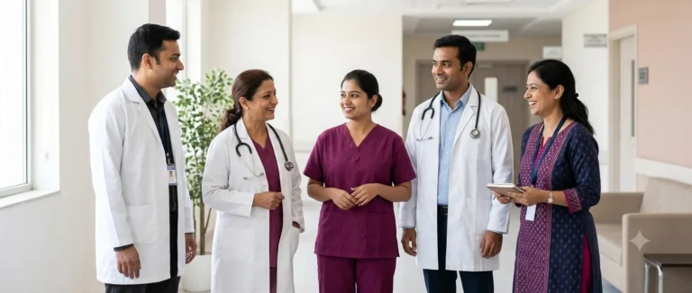 Doctors, nurse, embryologist and counsellor standing together in a hospital corridor
