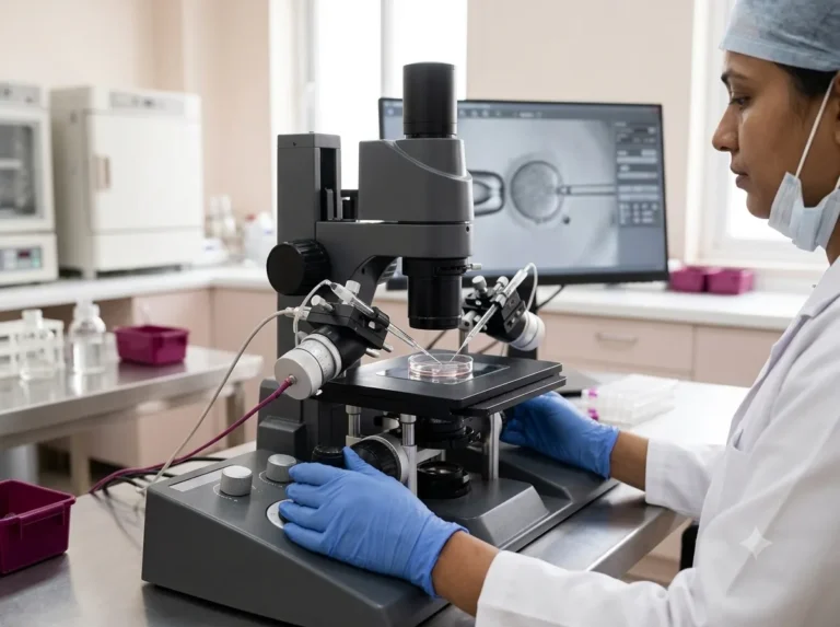 Embryologist performing ICSI at a micromanipulation microscope