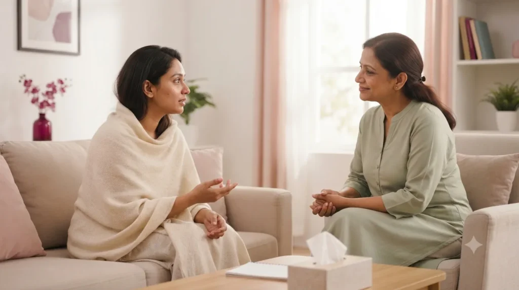 Woman talking with a counsellor about infertility stress