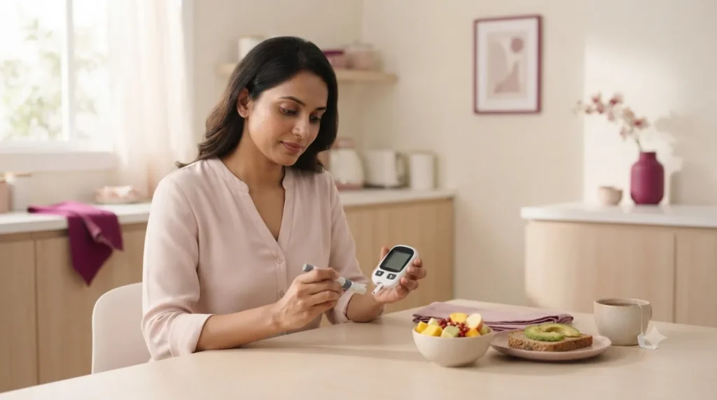 Woman checking her blood sugar at breakfast