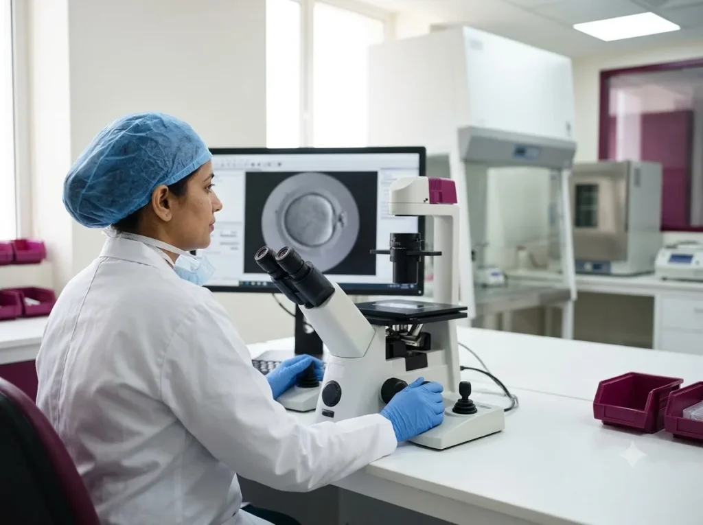 Embryologist at an IVF micromanipulation workstation