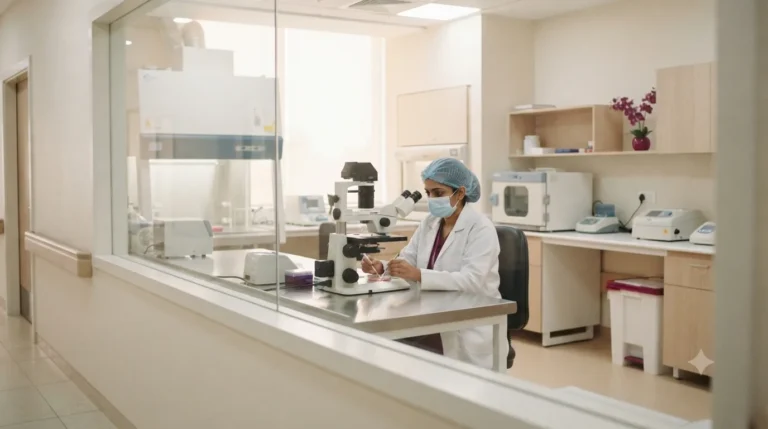 IVF laboratory seen through a glass window