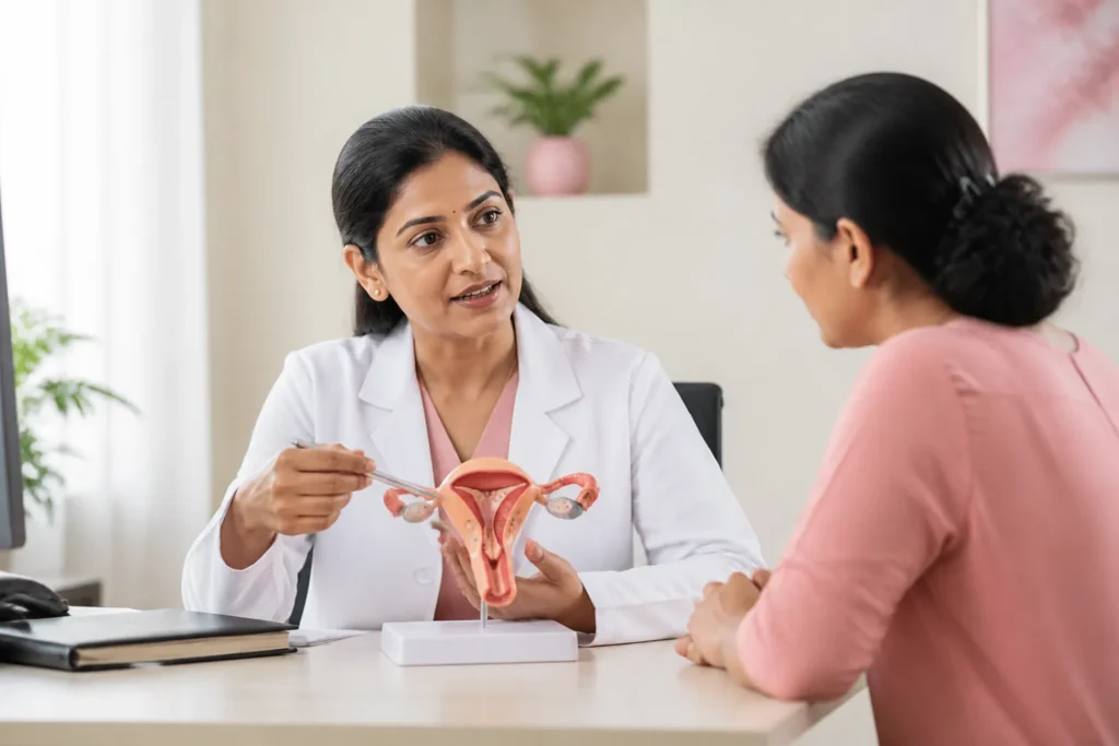 Gynaecologist explaining keyhole hysterectomy with a pelvic model