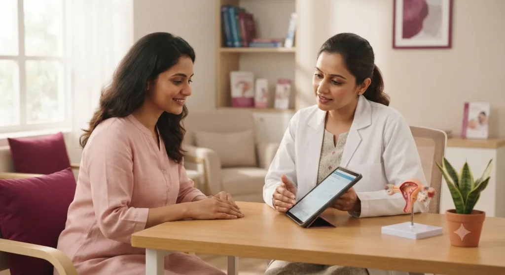 Fertility doctor explaining AMH blood test results to a woman