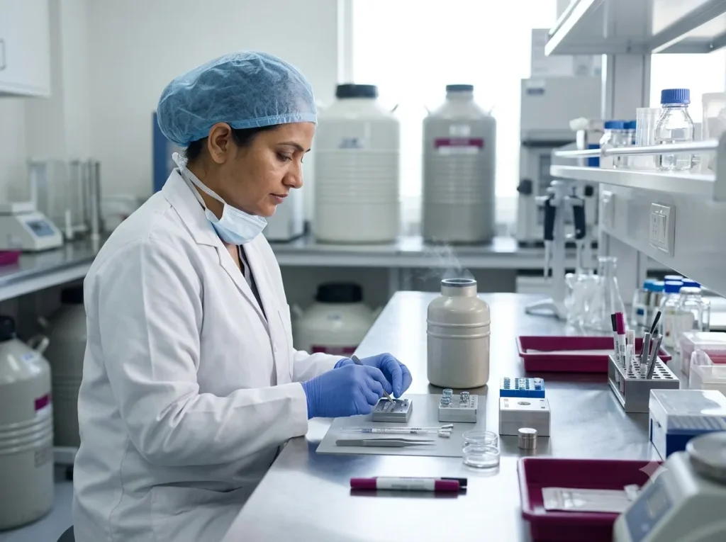 Embryologist preparing straws for egg vitrification