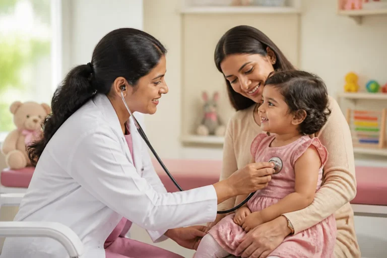Paediatrician listening to a toddler's chest on her mother's lap