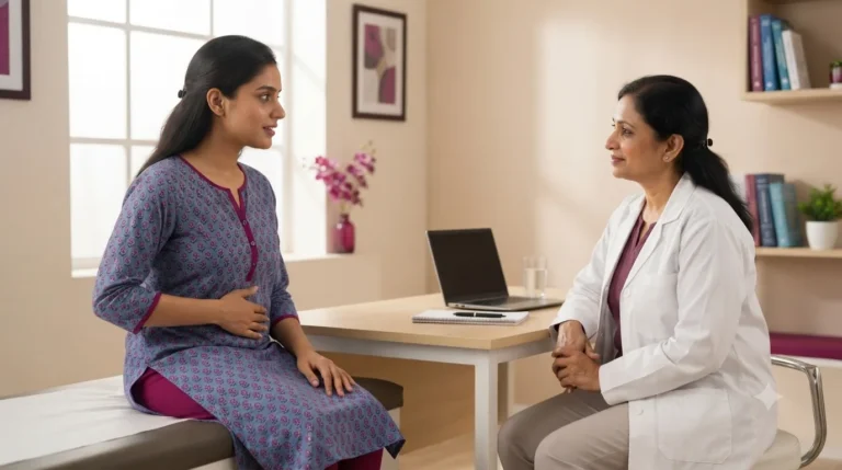 Woman describing period pain to a gynaecologist