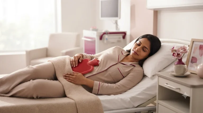 Woman resting in bed with a hot-water bag for period pain