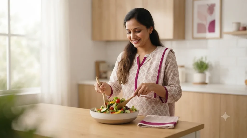 Woman preparing a healthy salad in the kitchen
