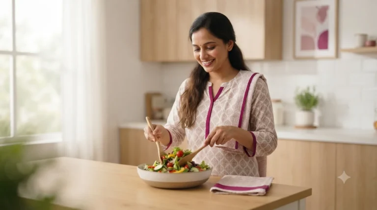 Woman preparing a healthy salad in the kitchen