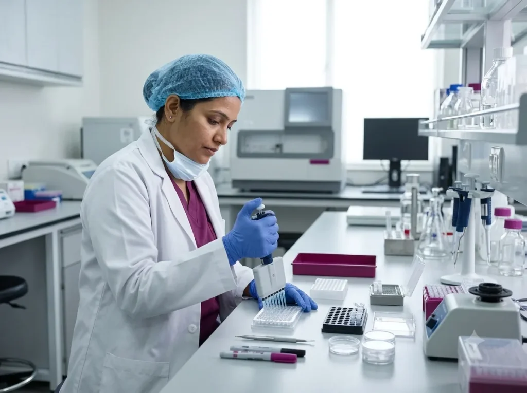 Geneticist pipetting samples in a genetics laboratory
