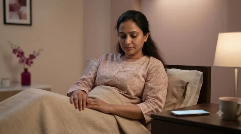 Tired woman sitting up in bed at night