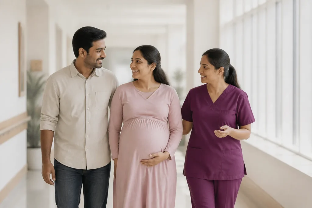 Pregnant woman and husband walking with a nurse in a hospital corridor