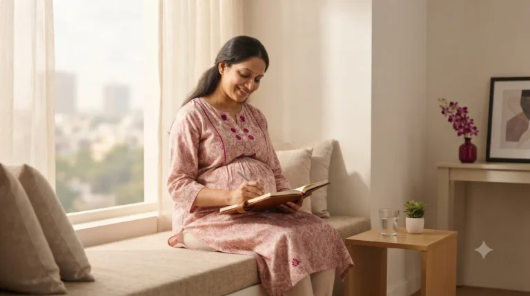 Pregnant woman writing in a journal by a window