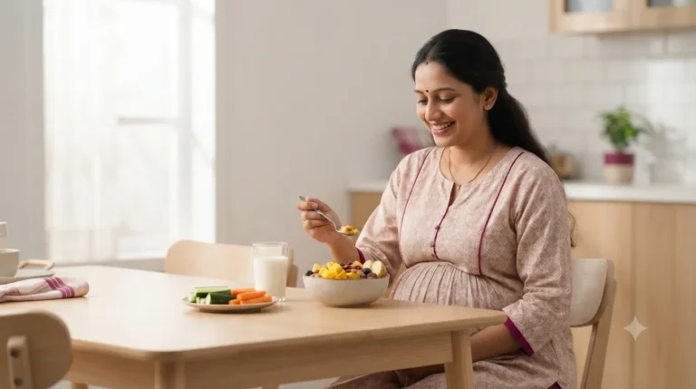 Pregnant woman eating fruit and nuts at breakfast
