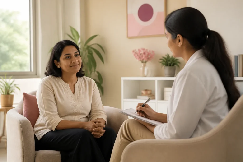 Woman talking with a counsellor in a calm room