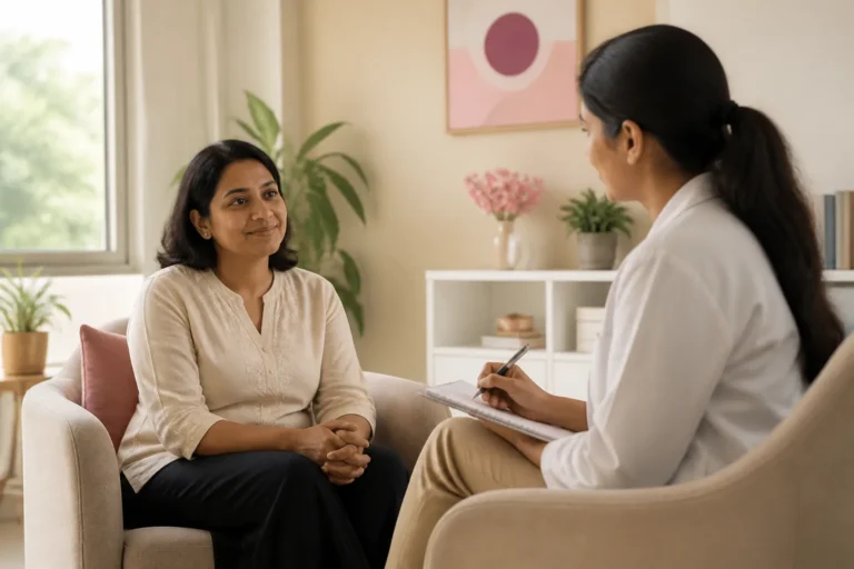 Woman talking with a counsellor in a calm room